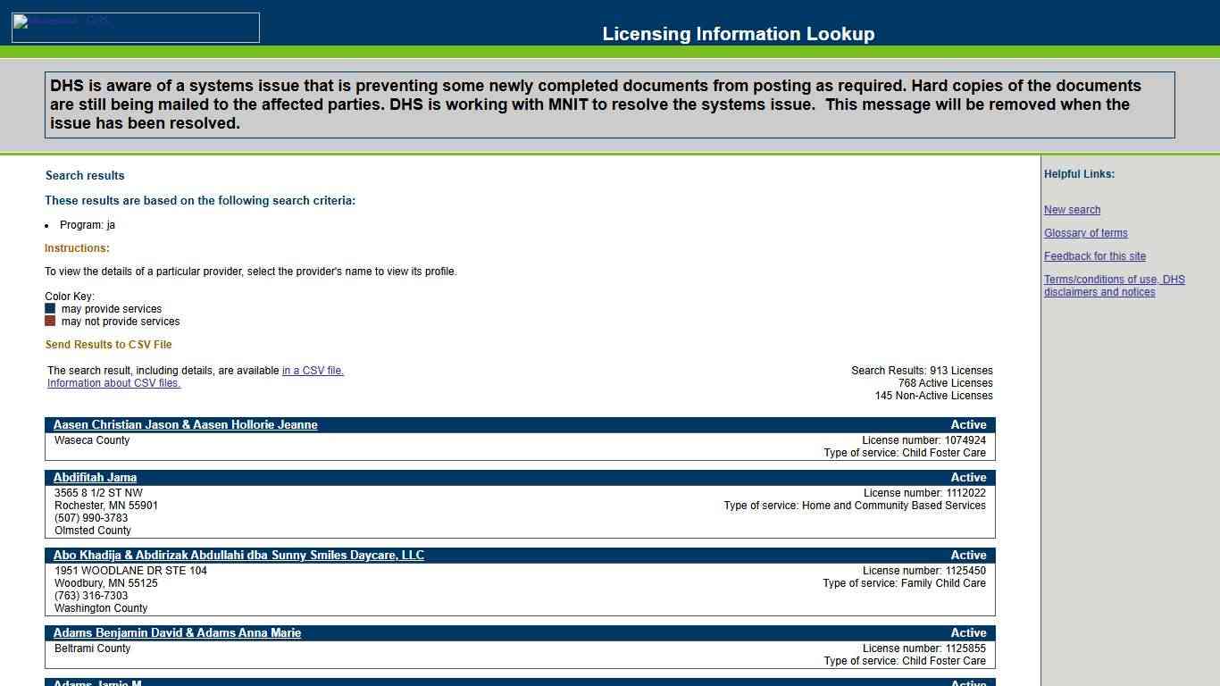 Search results, MN DHS Licensing Info Lookup