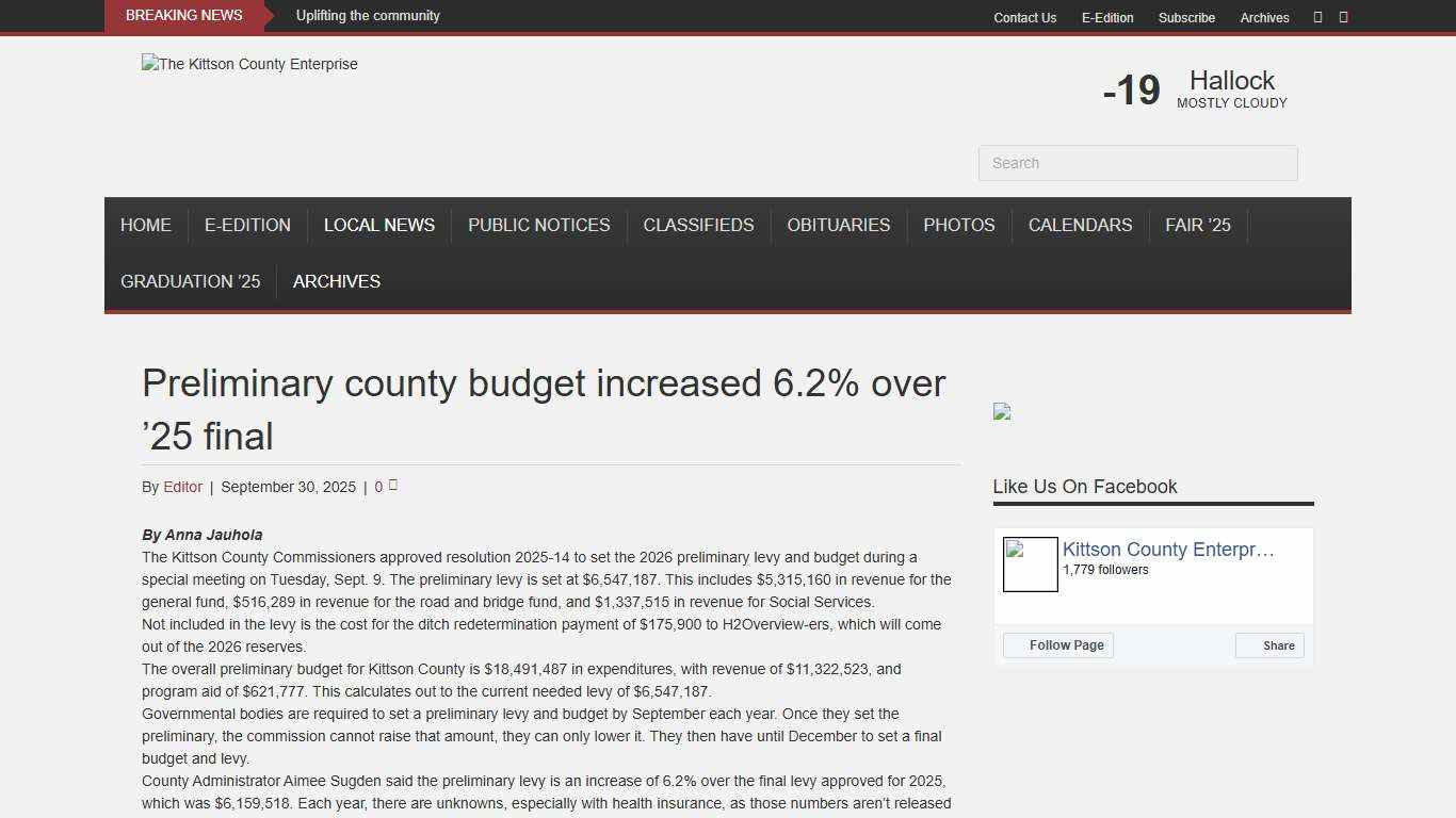 Preliminary county budget increased 6.2% over ’25 final – The Kittson County Enterprise